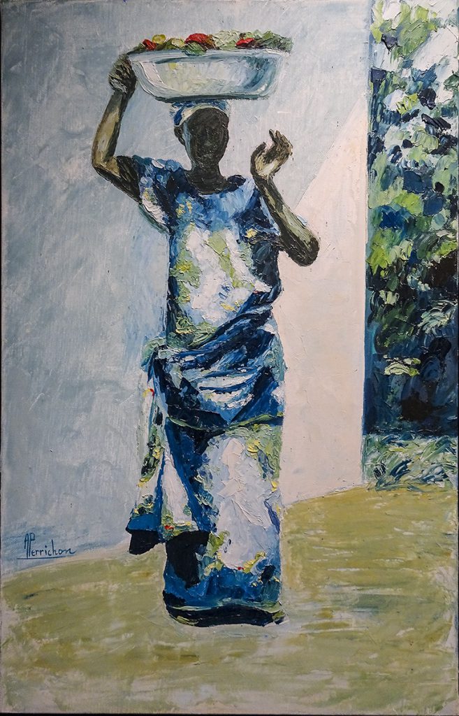 Africaine à la bassine 44x69 300€ Africaine à la bassine, couleurs contrastées blanc-bleu